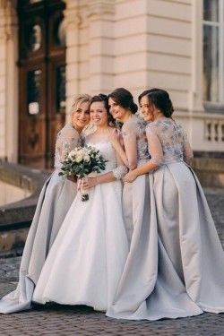 A-Line Lace and Satin Long Bridesmaid Dresses with Sleeves 902197