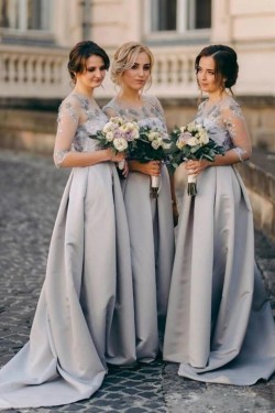 A-Line Lace and Satin Long Bridesmaid Dresses with Sleeves 902197