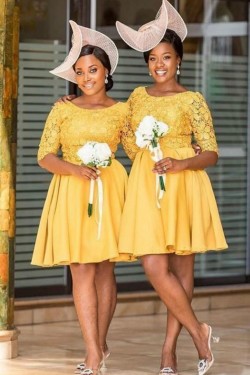 Short Knee Length Lace Bridesmaid Dresses with Sleeves 902198