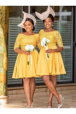 Short Knee Length Lace Bridesmaid Dresses with Sleeves 902198