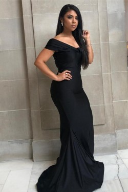 Long Black Mermaid Off the Shoulder Floor Length Bridesmaid Dresses 902201