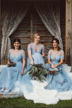 Modest Long Blue Tulle and Lace Bridesmaid Dresses with Sleeves 902202