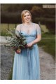 Modest Long Blue Tulle and Lace Bridesmaid Dresses with Sleeves 902202