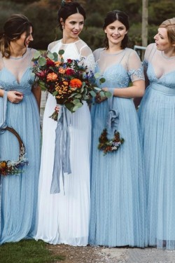 Modest Long Blue Tulle and Lace Bridesmaid Dresses with Sleeves 902202