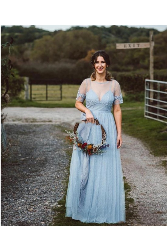 Modest Long Blue Tulle and Lace Bridesmaid Dresses with Sleeves 902202