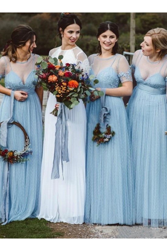 Modest Long Blue Tulle and Lace Bridesmaid Dresses with Sleeves 902202