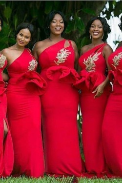 Long Red Mermaid One Shoulder Bridesmaid Dresses 902205