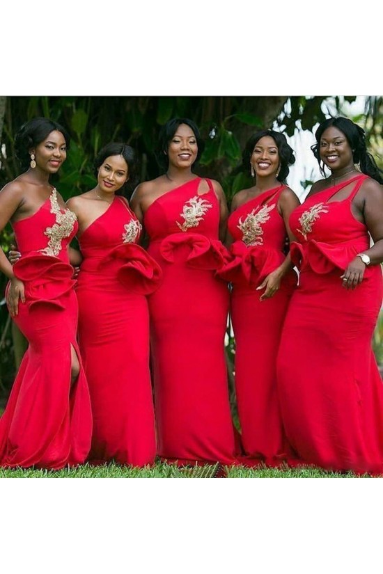 Long Red Mermaid One Shoulder Bridesmaid Dresses 902205