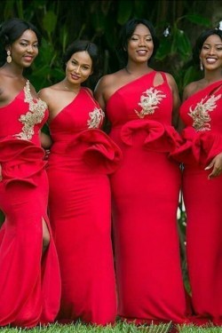 Long Red Mermaid One Shoulder Bridesmaid Dresses 902205
