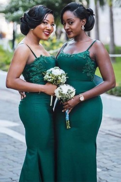 Long Green Mermaid Lace Spaghetti Straps Bridesmaid Dresses 902207