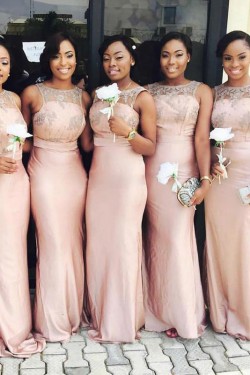 Long Pink Mermaid Lace Floor Length Bridesmaid Dresses 902210