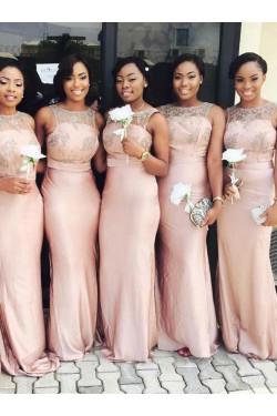 Long Pink Mermaid Lace Floor Length Bridesmaid Dresses 902210