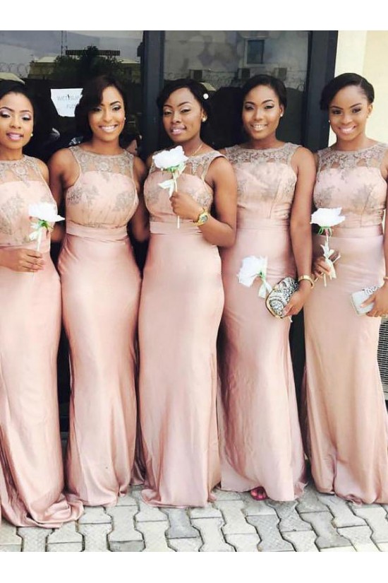 Long Pink Mermaid Lace Floor Length Bridesmaid Dresses 902210