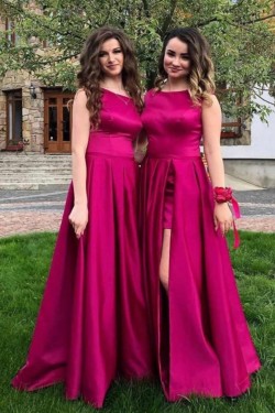 A-Line Fuchsia Satin Long Bridesmaid Dresses 902217