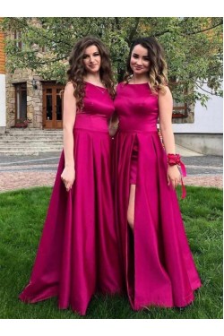 A-Line Fuchsia Satin Long Bridesmaid Dresses 902217