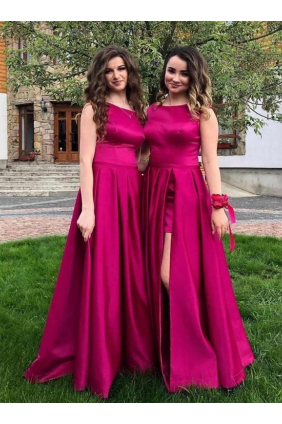 A-Line Fuchsia Satin Long Bridesmaid Dresses 902217