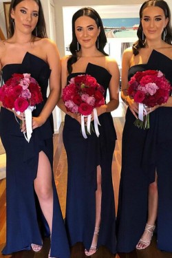 Mermaid Strapless Long Navy Blue Bridesmaid Dresses 902220