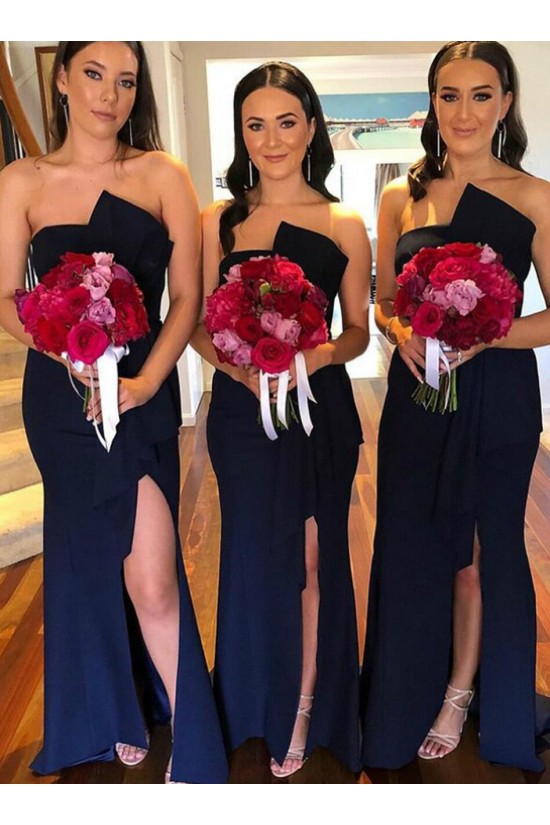 Mermaid Strapless Long Navy Blue Bridesmaid Dresses 902220