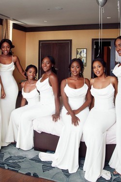 Long White Mermaid Spaghetti Straps Bridesmaid Dresses 902224