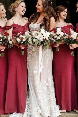 Long Burgundy Spaghetti Straps Bridesmaid Dresses 902228