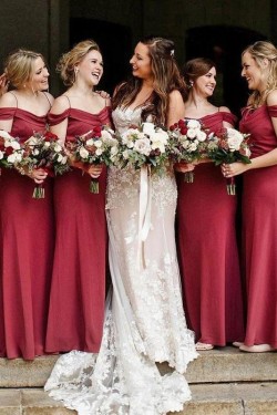 Long Burgundy Spaghetti Straps Bridesmaid Dresses 902228