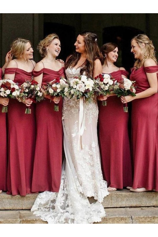 Long Burgundy Spaghetti Straps Bridesmaid Dresses 902228
