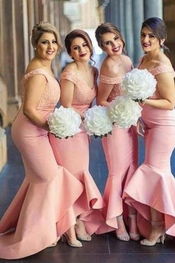 Long Pink Mermaid Off the Shoulder Lace Bridesmaid Dresses 902230