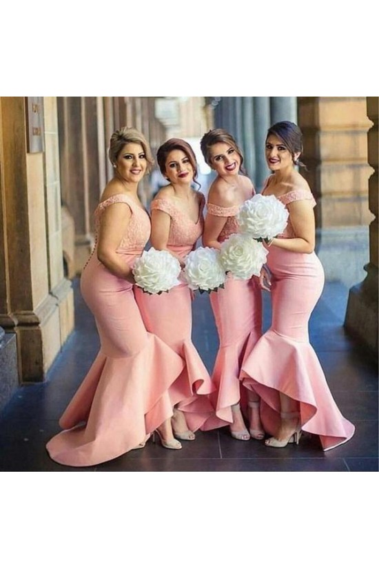 Long Pink Mermaid Off the Shoulder Lace Bridesmaid Dresses 902230