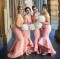 Long Pink Mermaid Off the Shoulder Lace Bridesmaid Dresses 902230