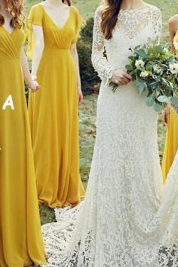 Long Yellow Chiffon V Neck Floor Length Bridesmaid Dresses 902232