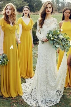 Long Yellow Chiffon V Neck Floor Length Bridesmaid Dresses 902232