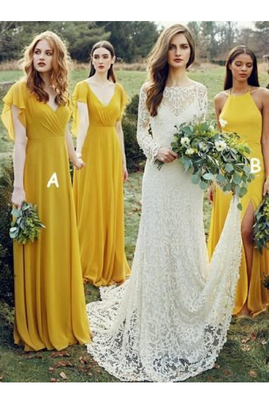 Long Yellow Chiffon V Neck Floor Length Bridesmaid Dresses 902232