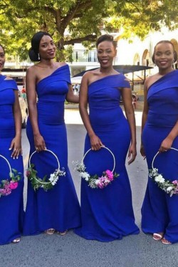 Long Royal Blue Mermaid One Shoulder Bridesmaid Dresses 902233