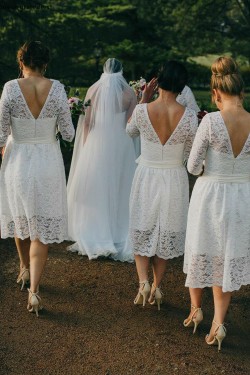 Short White Lace Bridesmaid Dresses with Sleeves 902234