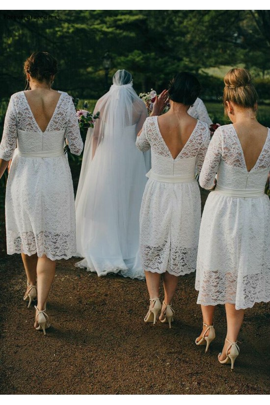 Short White Lace Bridesmaid Dresses with Sleeves 902234 Short White Lace Bridesmaid Dresses with Sleeves 902234