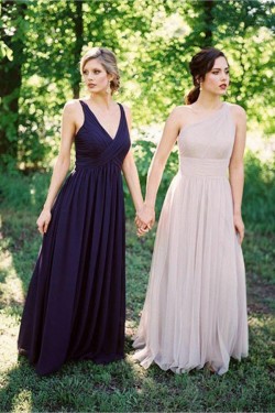 Long Navy Blue V Neck Chiffon Floor Length Bridesmaid Dresses 902248