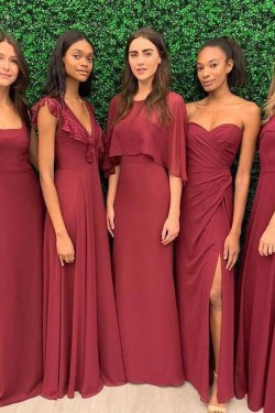 Long Burgundy Chiffon Floor Length Bridesmaid Dresses 902249