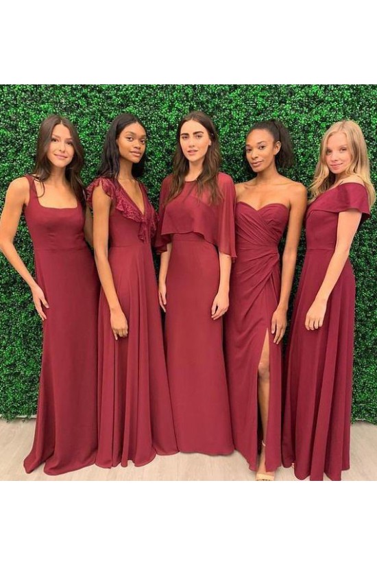 Long Burgundy Chiffon Floor Length Bridesmaid Dresses 902249