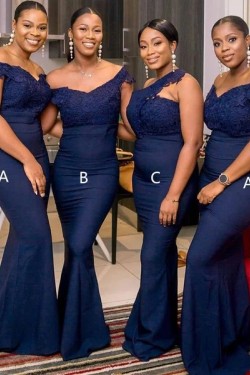 Long Navy Blue Lace Mermaid Bridesmaid Dresses 902251