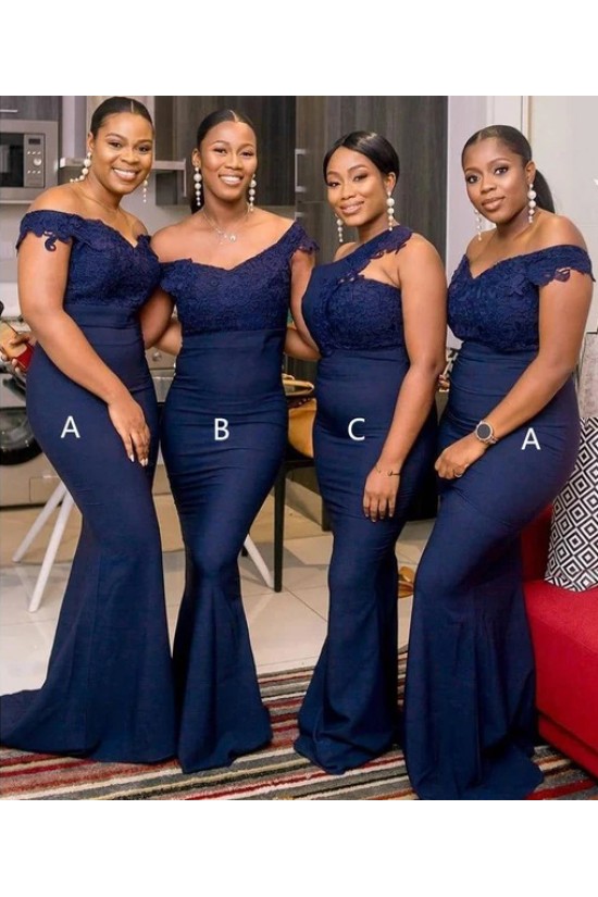 Long Navy Blue Lace Mermaid Bridesmaid Dresses 902251