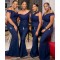 Long Navy Blue Lace Mermaid Bridesmaid Dresses 902251