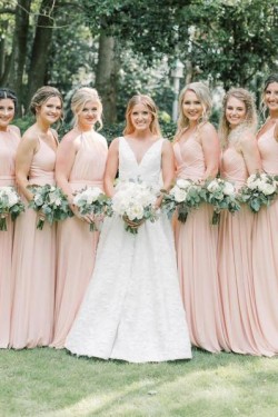 Long Pink Chiffon Floor Length Bridesmaid Dresses 902256