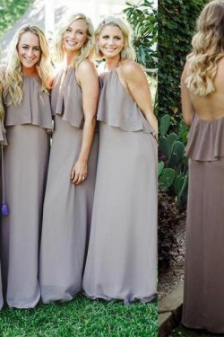 Long Grey Chiffon Floor Length Bridesmaid Dresses 902260