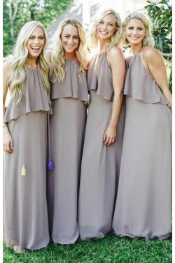 Long Grey Chiffon Floor Length Bridesmaid Dresses 902260