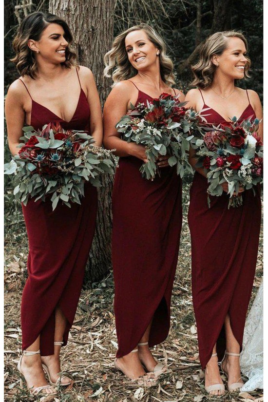 Long Burgundy Sheath/Column Spaghetti Straps Bridesmaid Dresses 902261