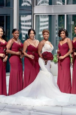 Long Burgundy Mermaid Spaghetti Straps Bridesmaid Dresses 902262