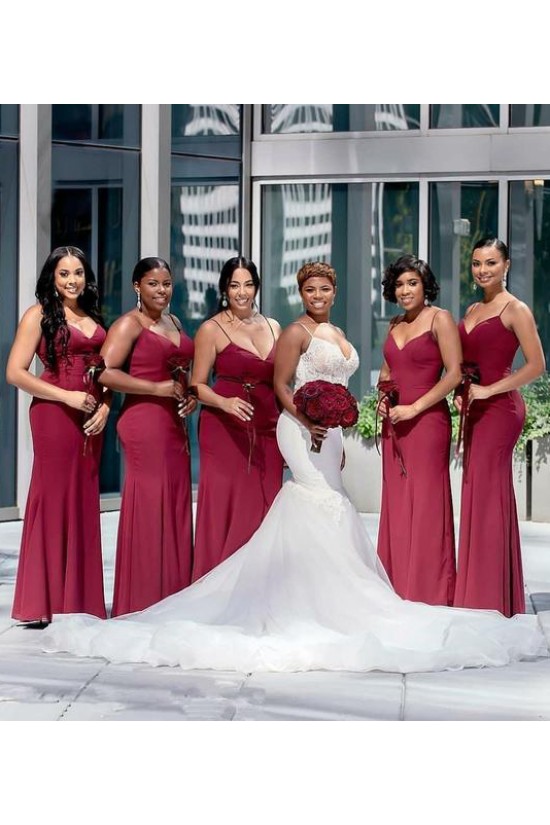 Long Burgundy Mermaid Spaghetti Straps Bridesmaid Dresses 902262