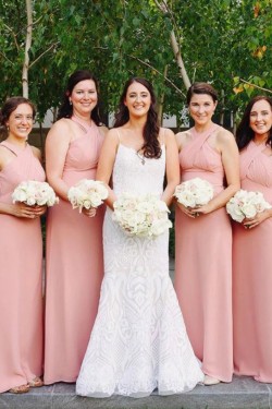 Long Pink Chiffon Floor Length Bridesmaid Dresses 902265
