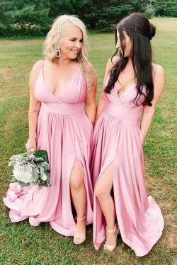 Long Pink V Neck Floor Length Bridesmaid Dresses 902266