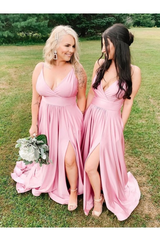 Long Pink V Neck Floor Length Bridesmaid Dresses 902266